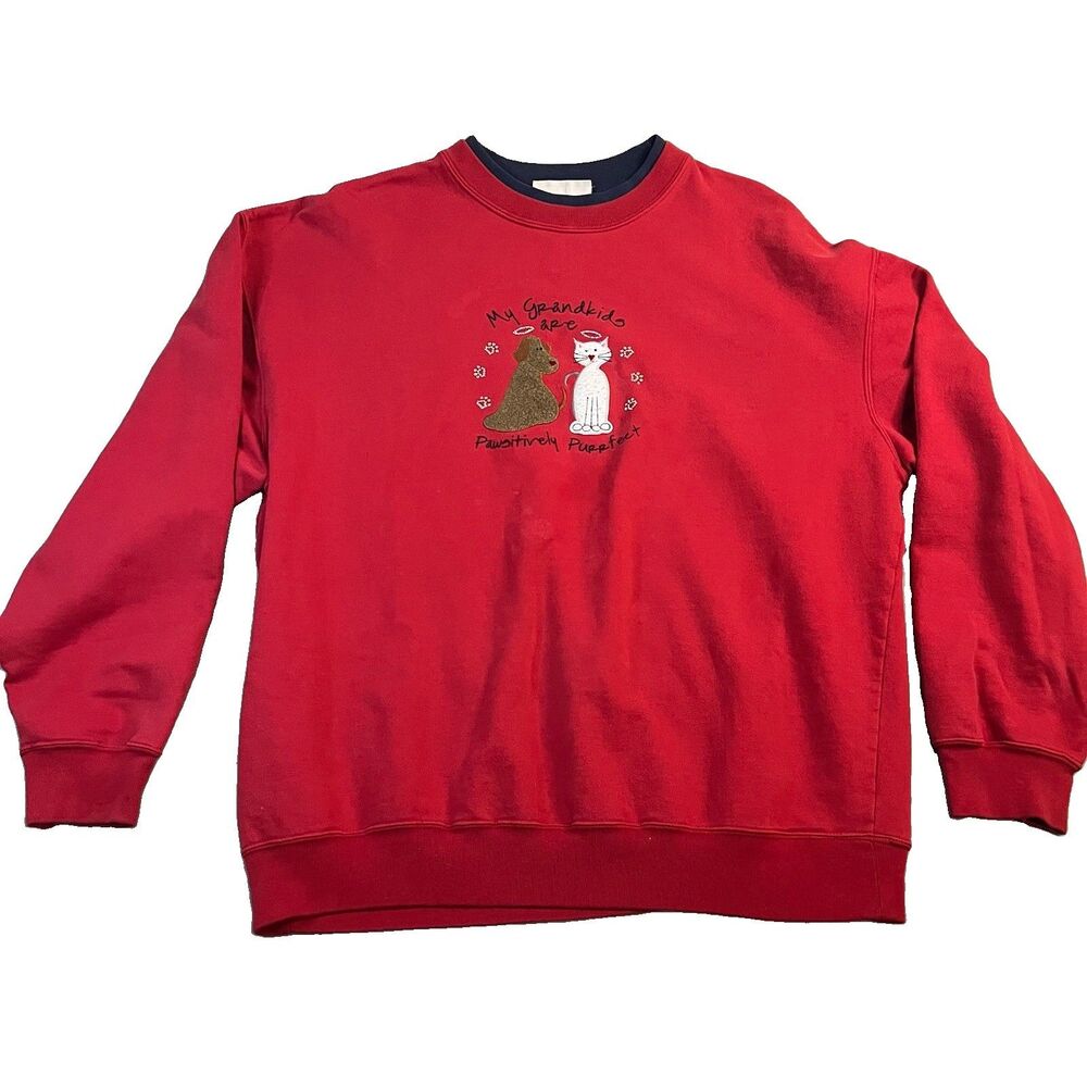 VTG 90s M&C Sportswear Red Dog Cat Angels Crewneck Sweatshirt Grandkids Women XL